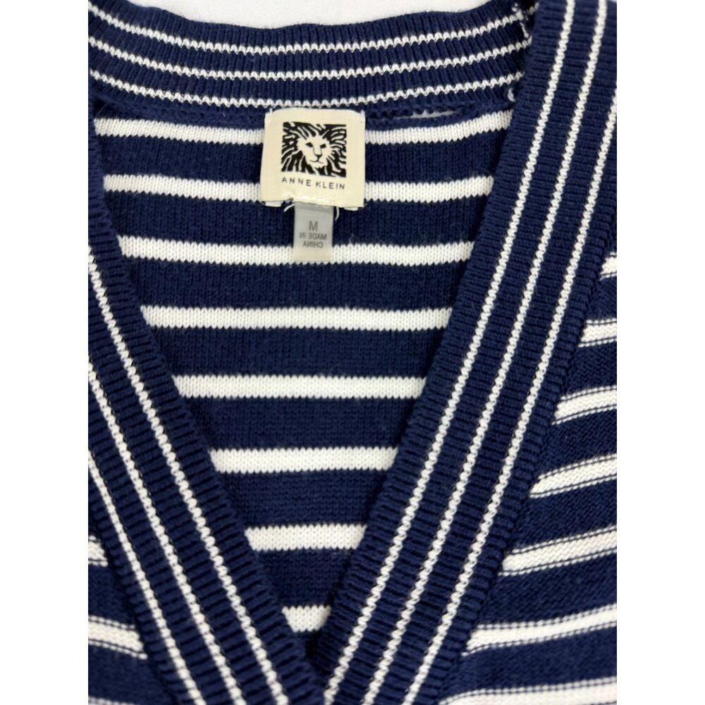 Anne Klein Women's M Navy White Striped Short Sleeve Bow Front Knit Cardigan - Picture 3 of 3